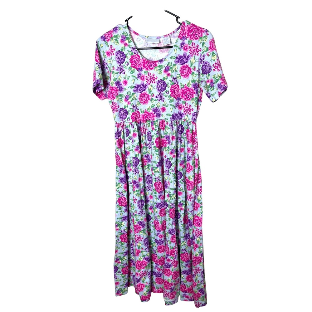 Vintage Pierre Cardin Floral Print Maxi  Dress Pastel Roses‎ Blue Purple Pink